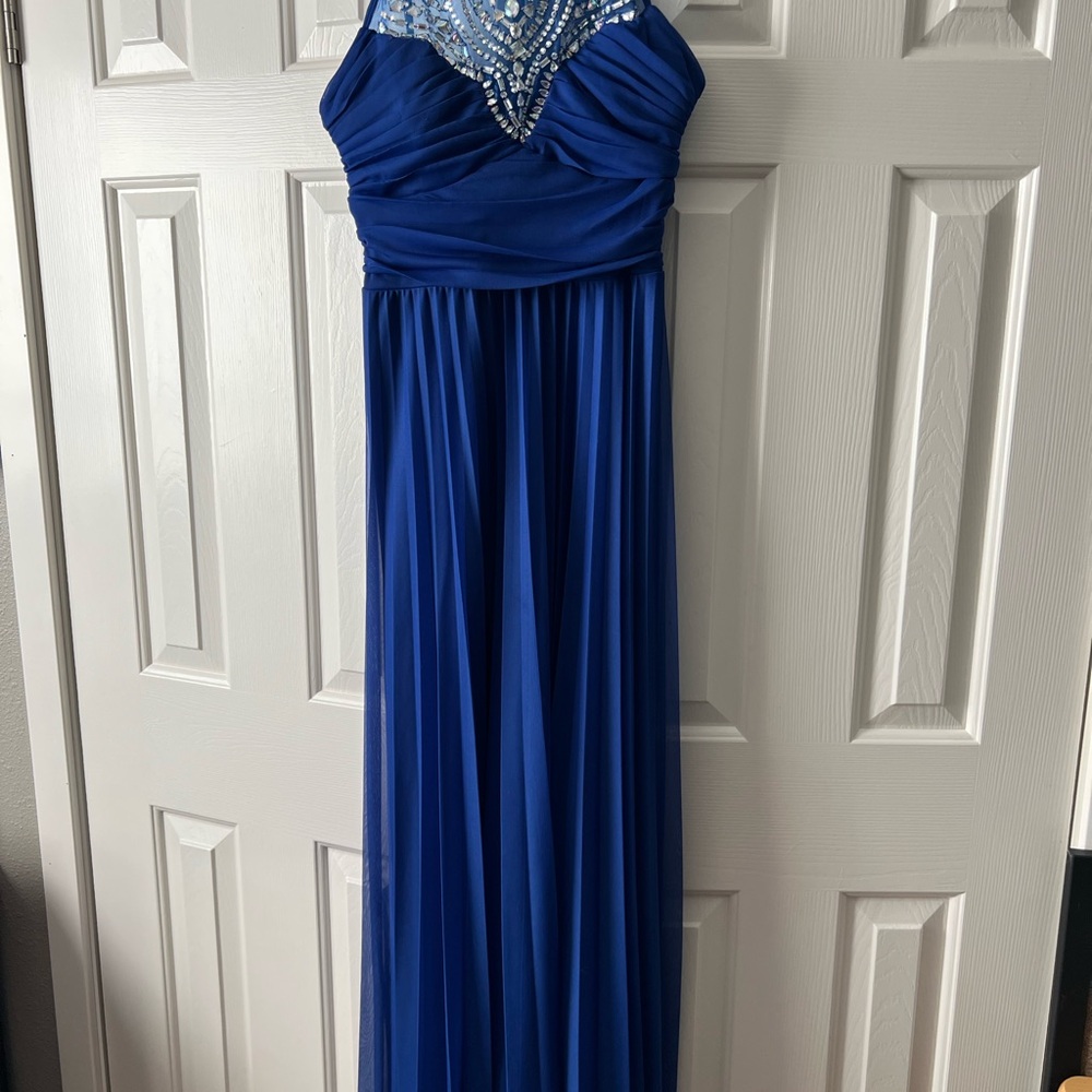 Elegant Blue Gown with Beaded Neckline